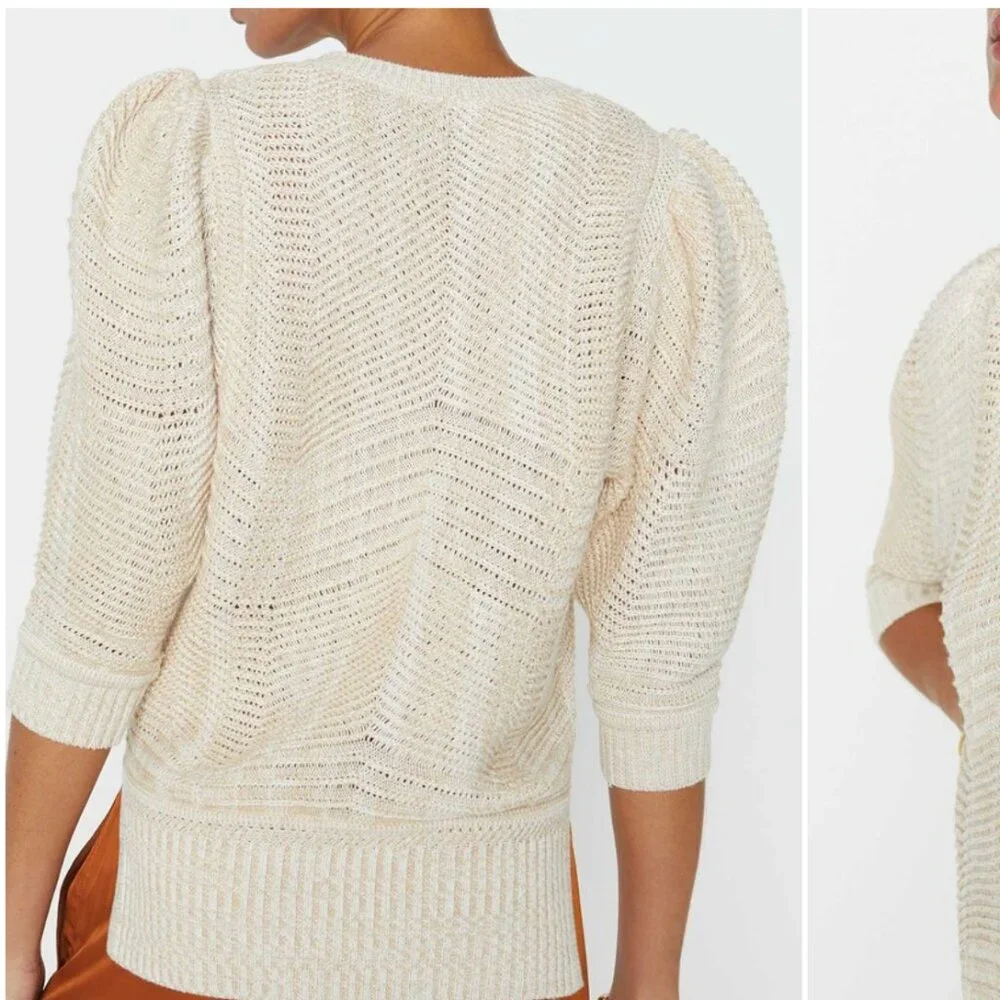 Brochu Walker The Arya Vee Sweater Linen Cotton Puff Sleeve Cream Marle Size XS_6